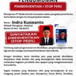 Pengumuman resmi Gema Berita tentang pemberhentian status wartawan Indra Kuswanto.