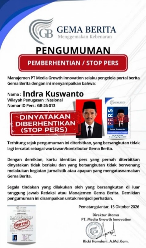 Pengumuman resmi Gema Berita tentang pemberhentian status wartawan Indra Kuswanto.